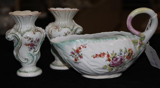 A Derby leaf shaped sauce boat circa 1960, some overpainting, pr Rococo vases c1765, Meissen Prunus moulded cup & saucer 18th C A/F